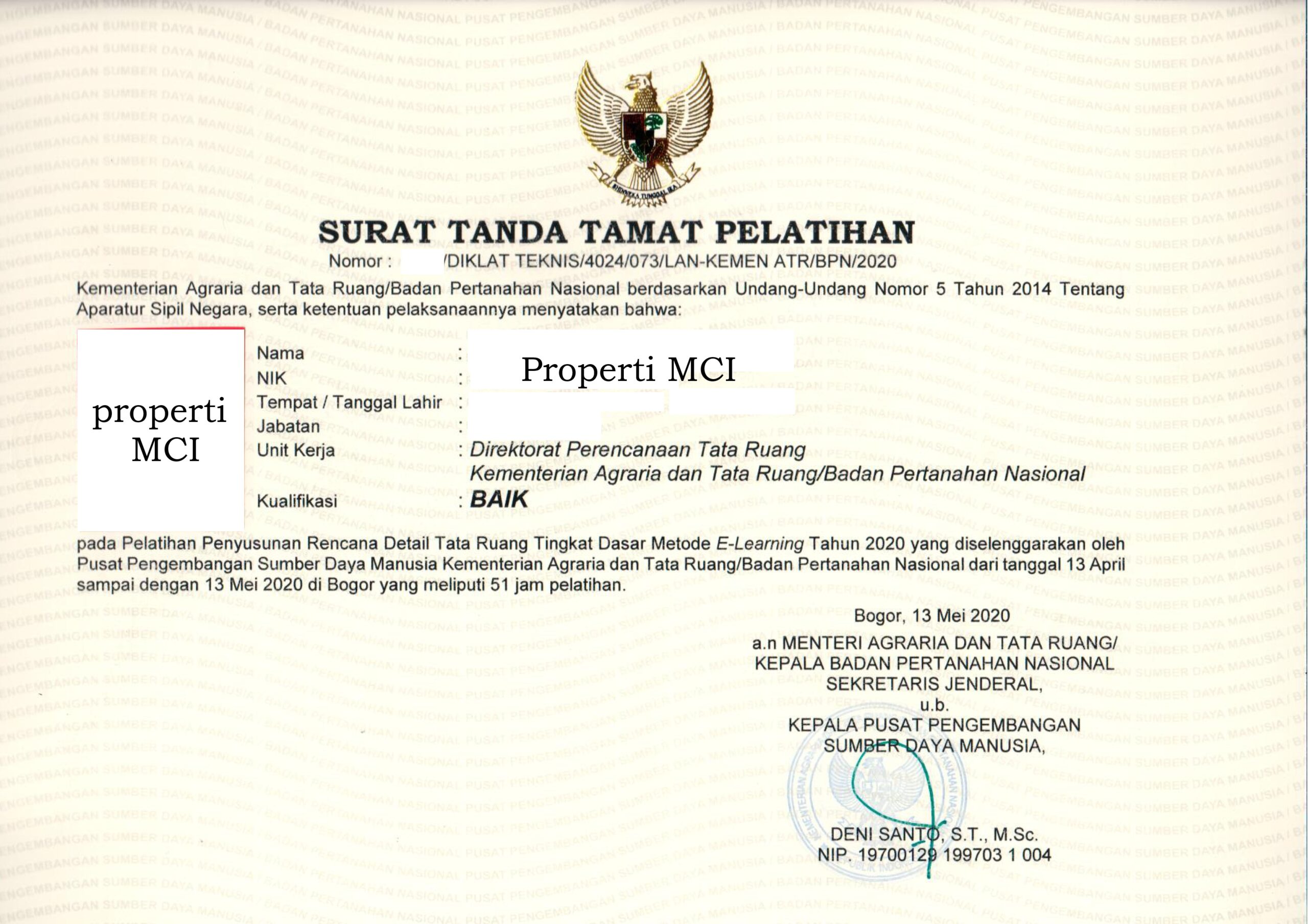 SERTIFIKAT PELATIHAN TINGKAT DASAR TATA RUANG KEMENTERIAN ATRBPN_001